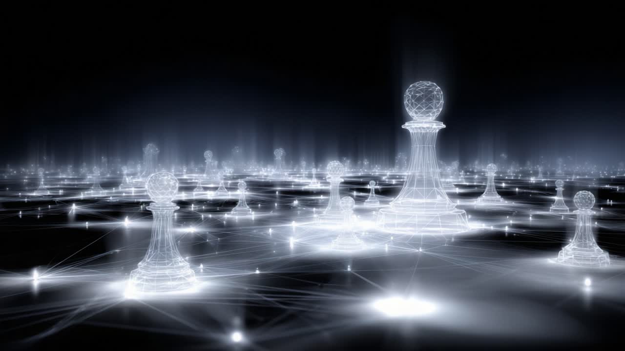 A mesmerizing digital landscape featuring illuminated chess pieces, symbolizing strategy, competition, and abstract thought in a futuristic environment filled with energy and light