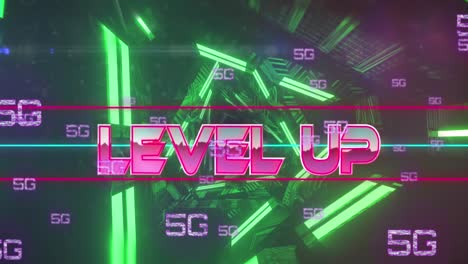Animation-Von-Level-Up-Text-über-5g-Und-Neonlinien-Hintergrund