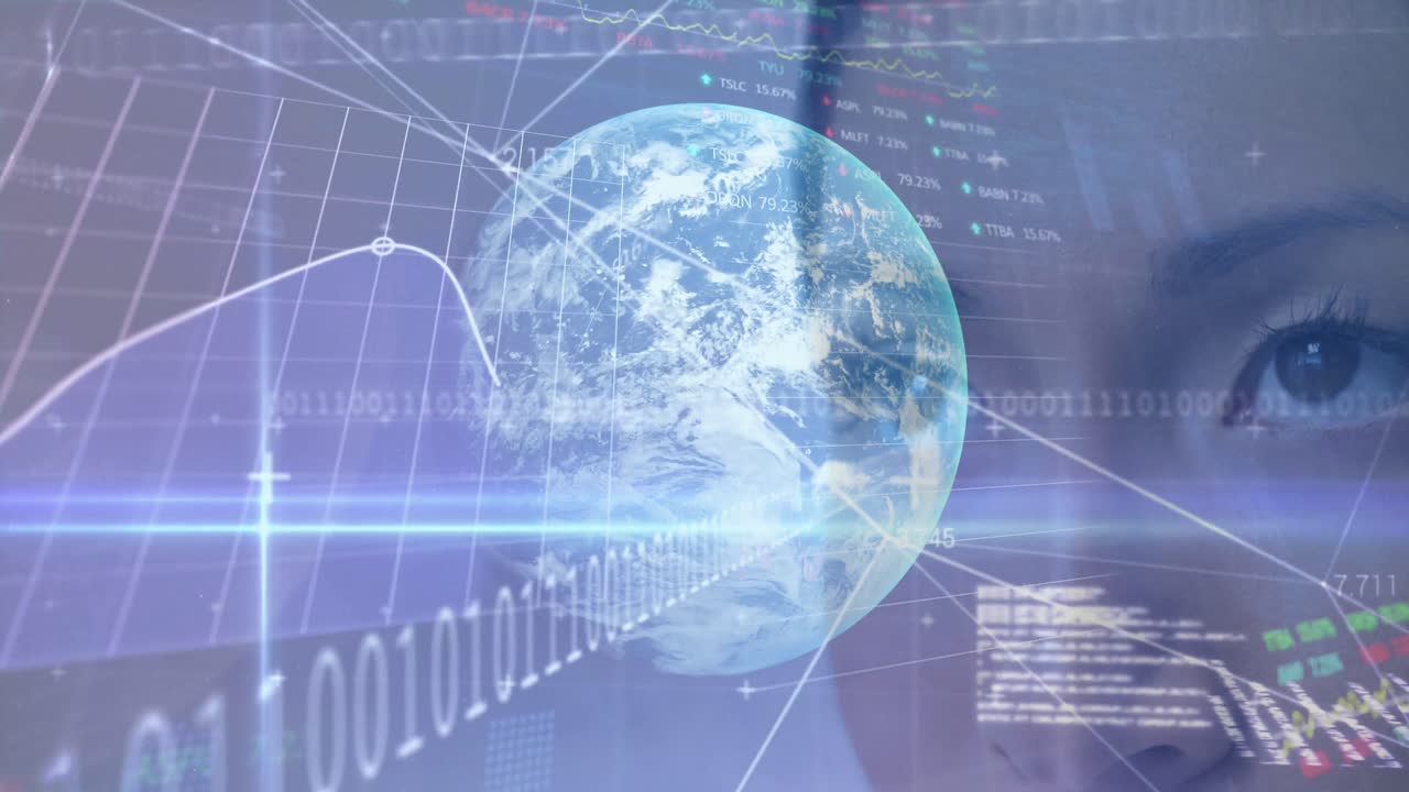 Animation of globe and data processing over woman's face in background