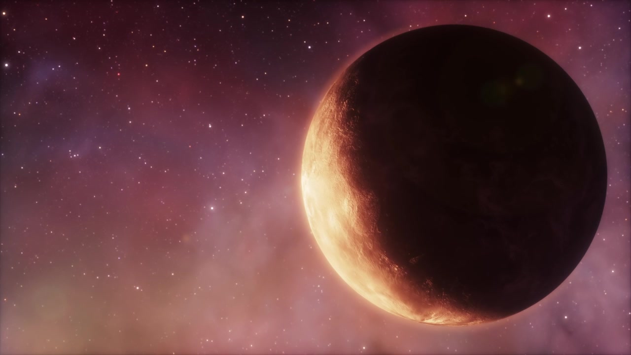 Red Planet Rotating in a Starry Nebula Background