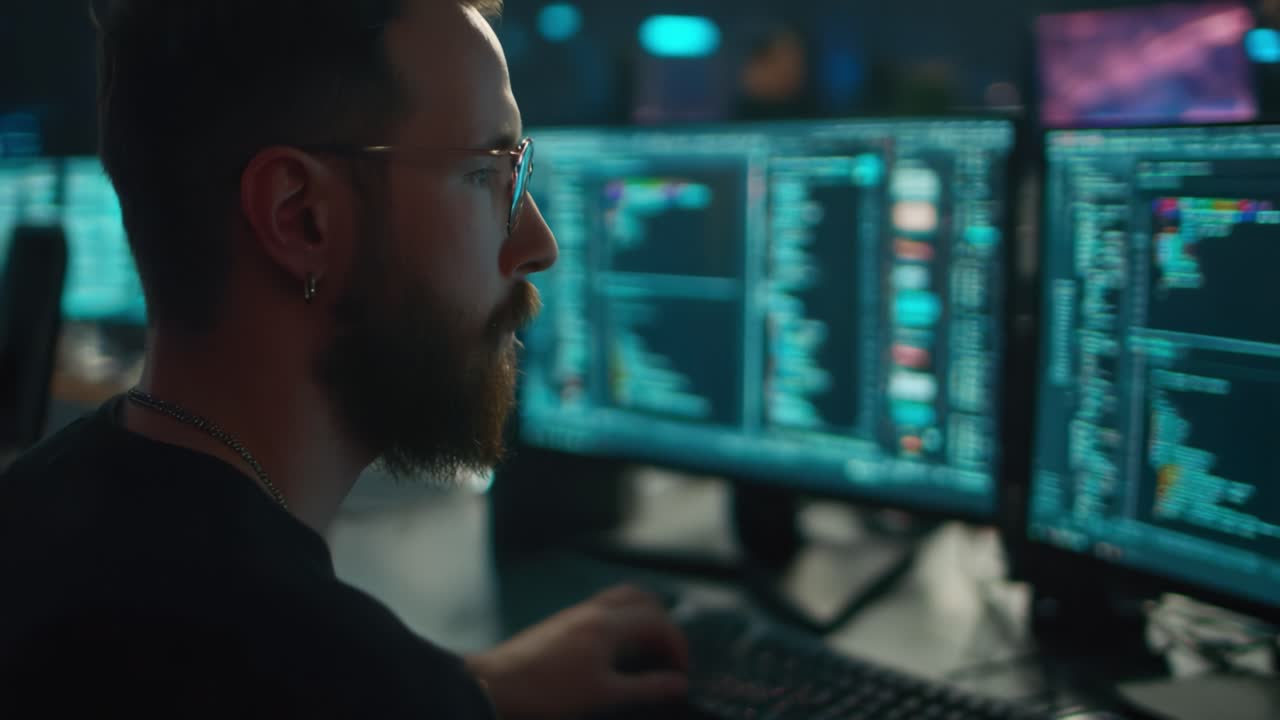 Focused Programmer Watching Multiple Monitors Displaying Complex Code While Working on a Software Project in a Dimly Lit Tech Environment