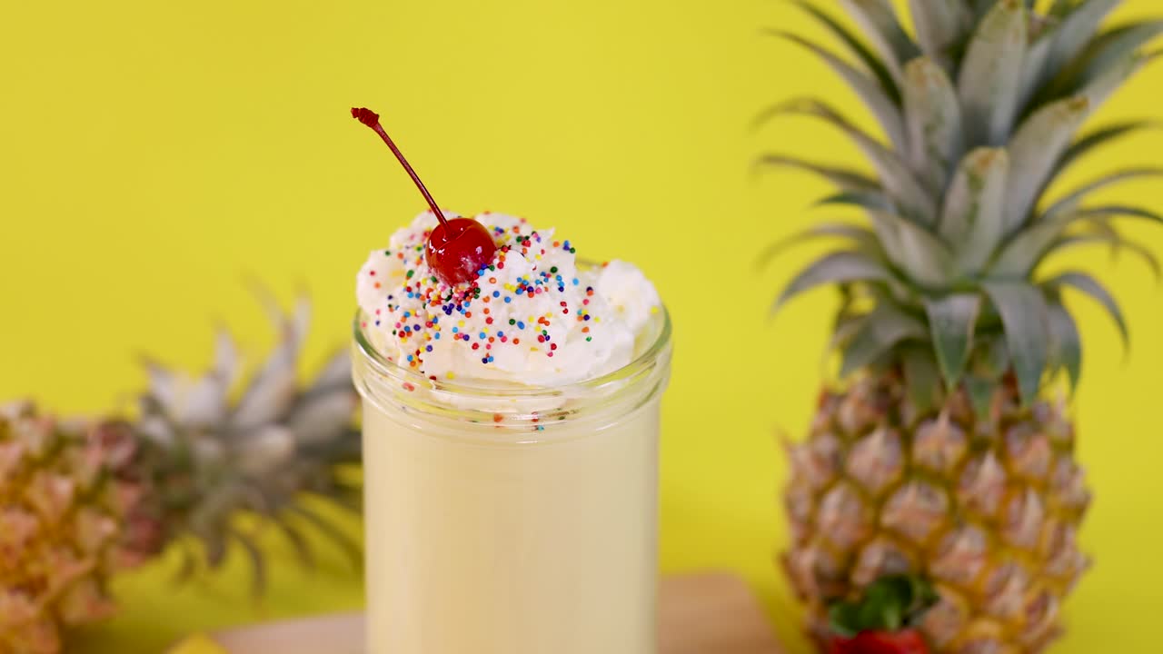 Hand decorates pineapple milkshake topped with whipped cream, cherry, and sprinkles on yellow background