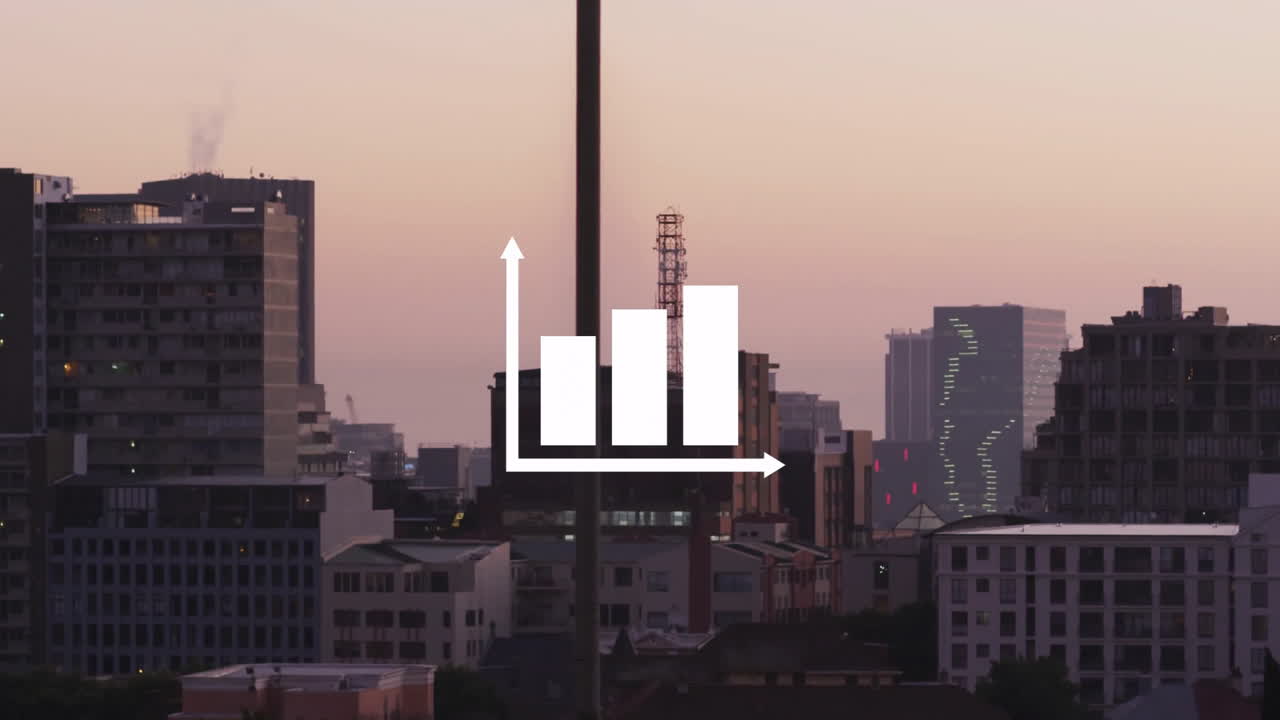Bar chart with upward trend animation over cityscape at sunset