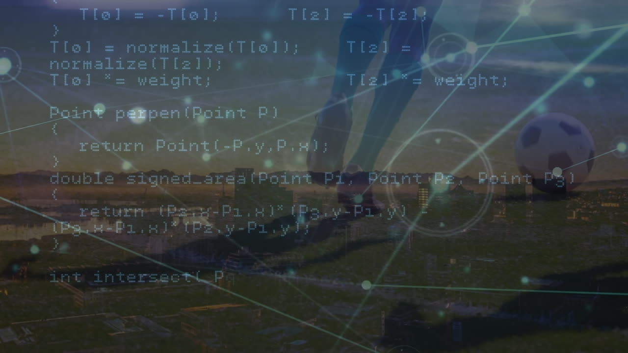 animação de rede de conexões e tela digital sobre as pernas do jogador de futebol masculino