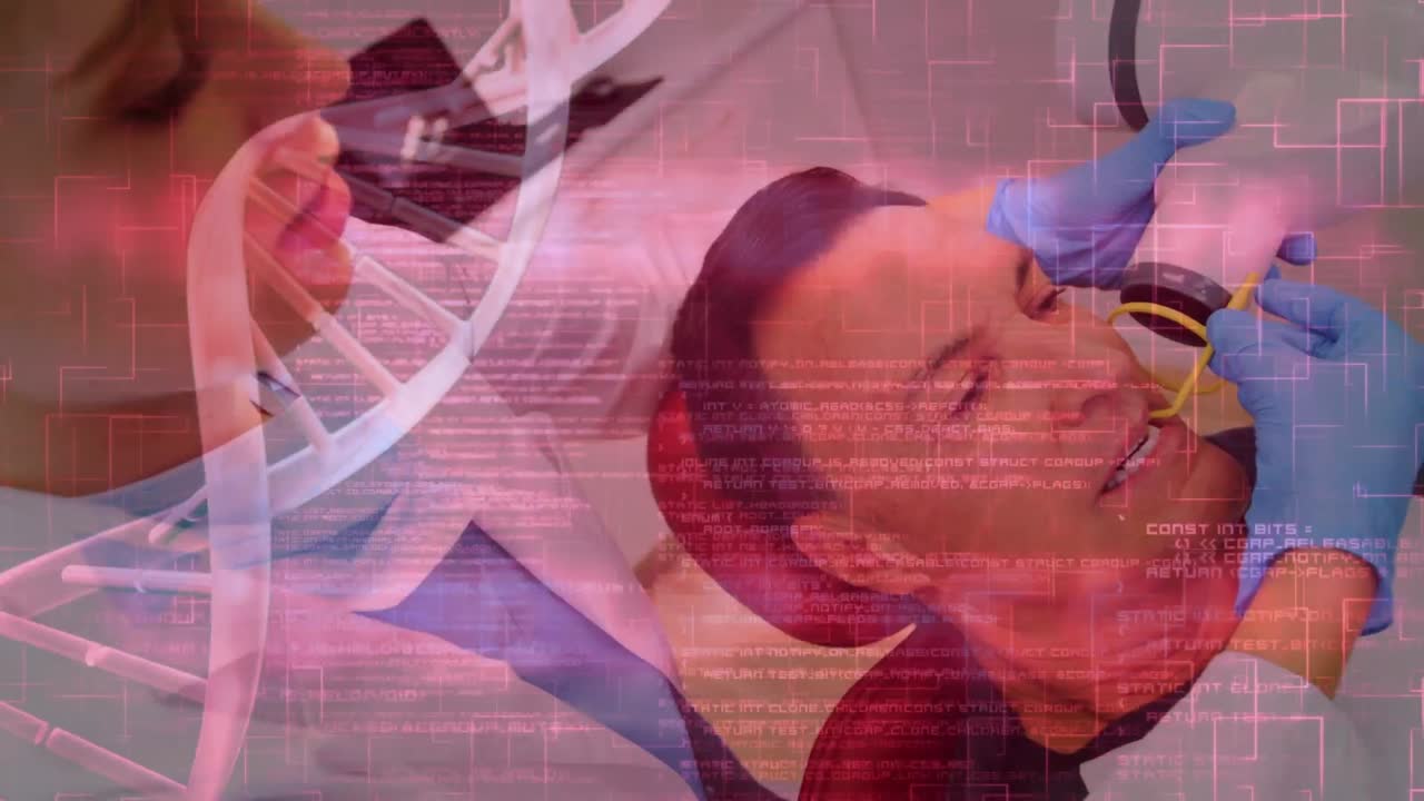 카우카시안 여성 치과의사와 환자에 대한 dna 가닥 스피닝과 l 데이터 처리 애니메이션