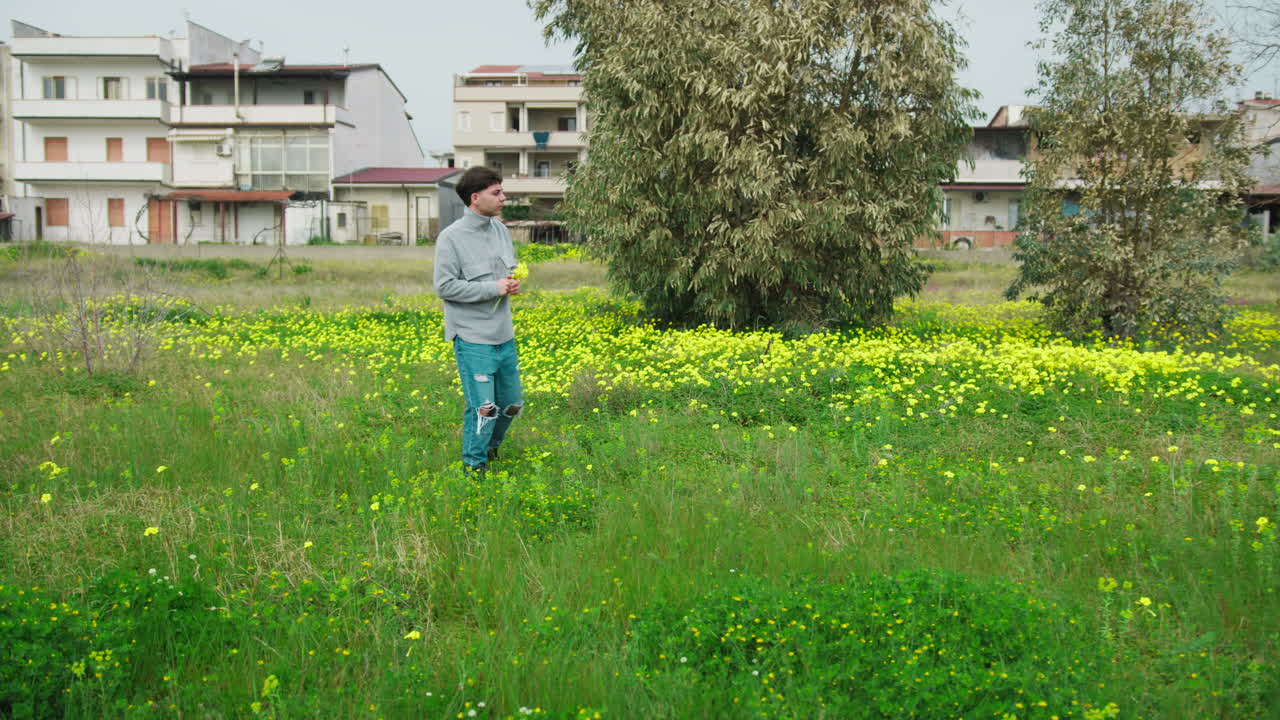 Man In The Green Grass Going Around Picking Up Flowers