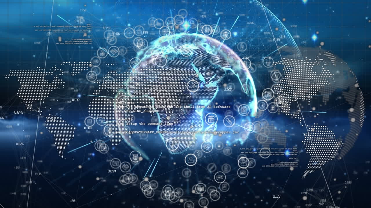 Animation of globe, connections and world map on navy background