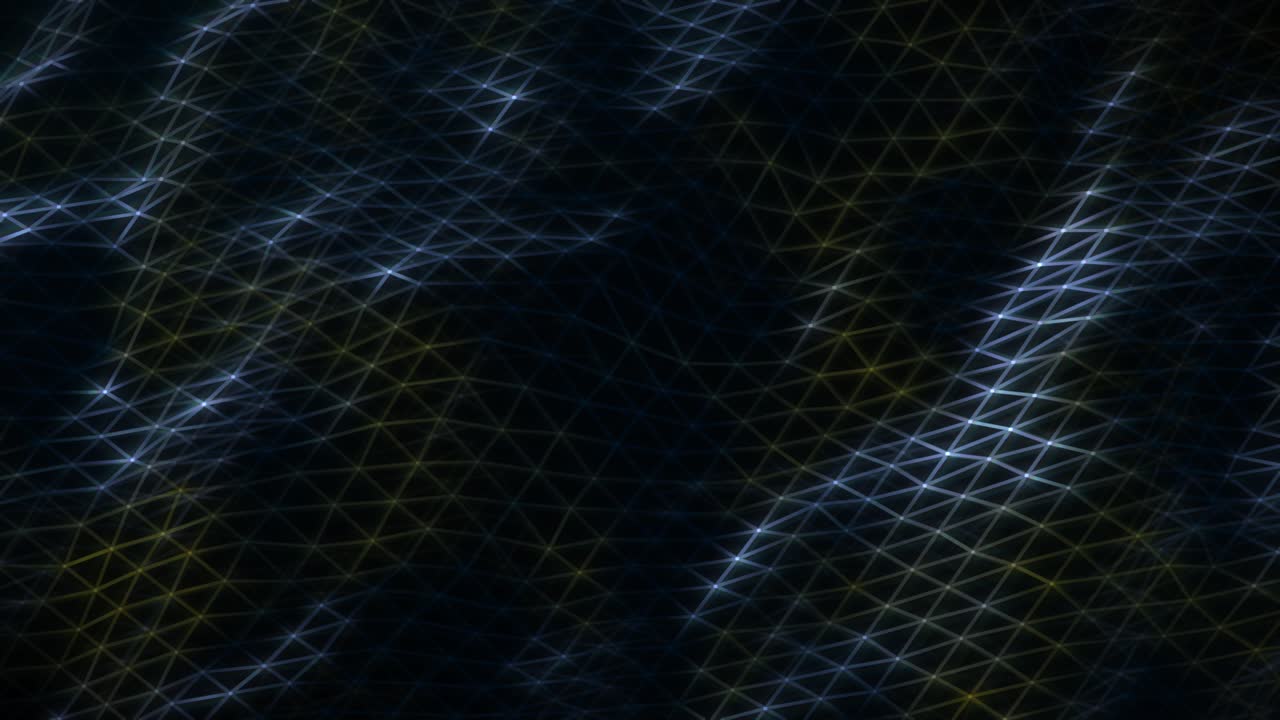 Continuous animation showcasing rotating blue and yellow mesh net layers, highlighted by point lights, with luminous dots marking the intersections of the connecting lines