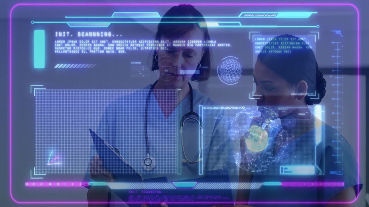 In school, doctors using animation on transparent screens analyzing medical data