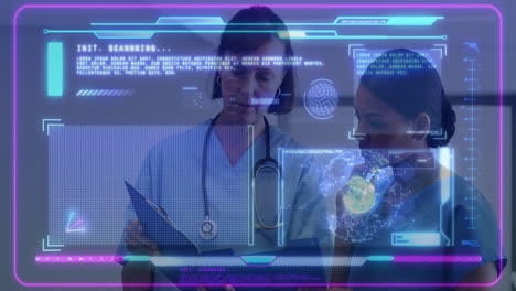in school, doctors using animation on transparent screens analyzing medical data