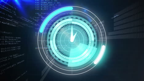 animación de escaneo de alcance con reloj sobre procesamiento de datos digitales en fondo negro