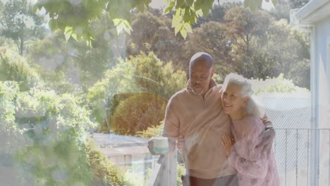 Retrato-De-Una-Feliz-Pareja-Birracial-Mayor-Cocinando-Y-Trabajando-En-El-Jardín-De-Casa,-Cámara-Lenta