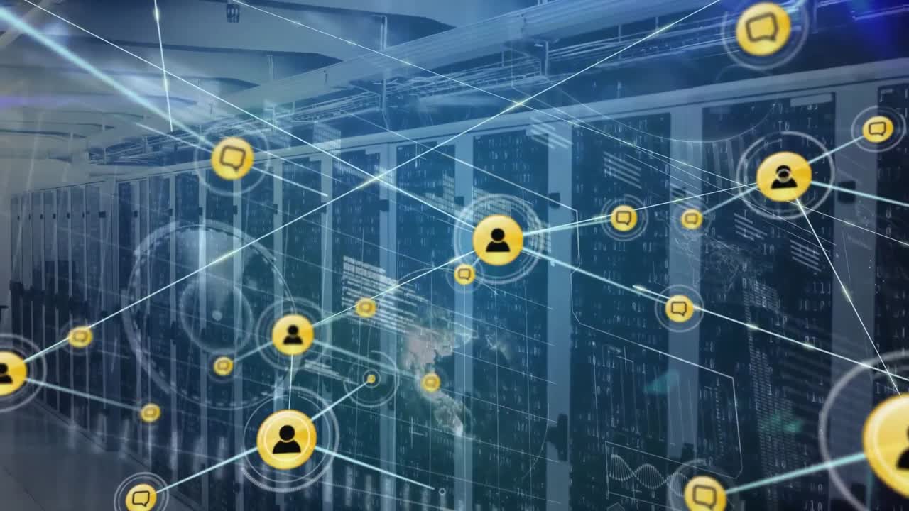 Animation of network of connections with icons and data processing over server room