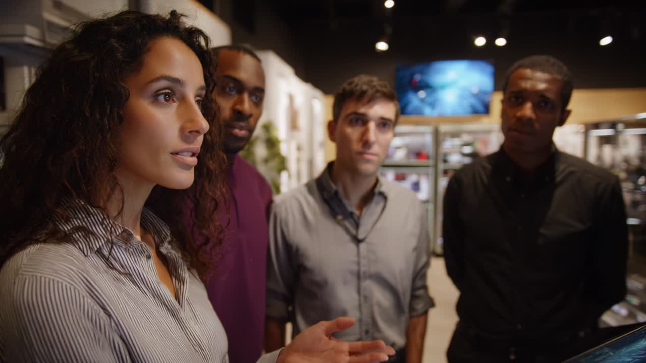 Un gruppo di quattro persone impegnate in una discussione seria, concentrate intensamente su un argomento mentre sono riunite attorno a uno schermo digitale in un ambiente moderno, a dimostrazione di lavoro di team e collaborazione