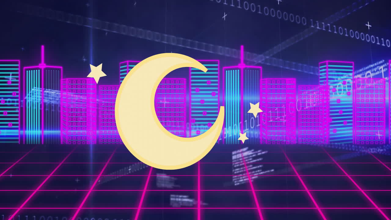 Animation of neon cityscape with crescent moon and stars in digital grid