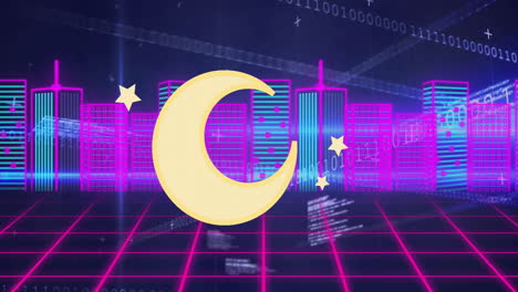 animation of neon cityscape with crescent moon and stars in digital grid