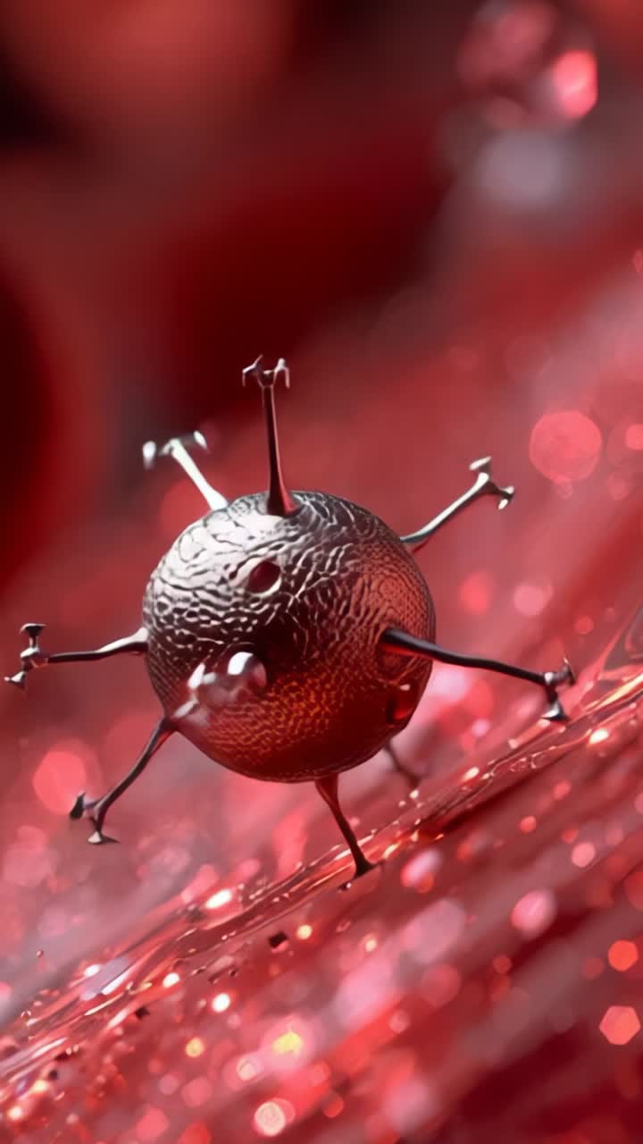 Vertical video: Focusing microscope on metallic sphere rotating on red tissue plane, showing spikes