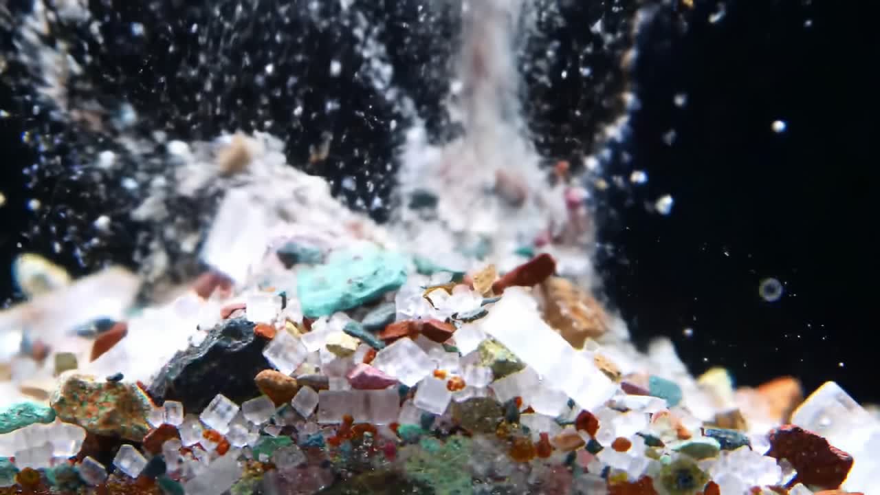 Captivating Slow Motion of Colorful Crystals and Minerals Interacting with Water, Creating a Mesmerizing Spraying Effect in Each Frame of the Clip
