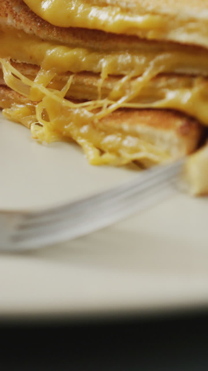 새로 준비된 치즈와 색 접시에 토마토와 포크를 가진 색  샌드위치의 비디오