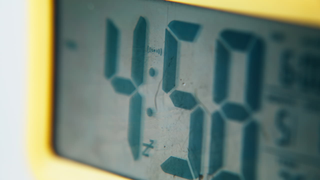 Macro electronic watch ticking indoors. Time showing on display in yellow corps