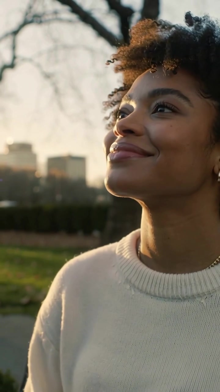 Vertical video: Tapping woman after reading text, swiping phone on park bench in cream knit, jeans