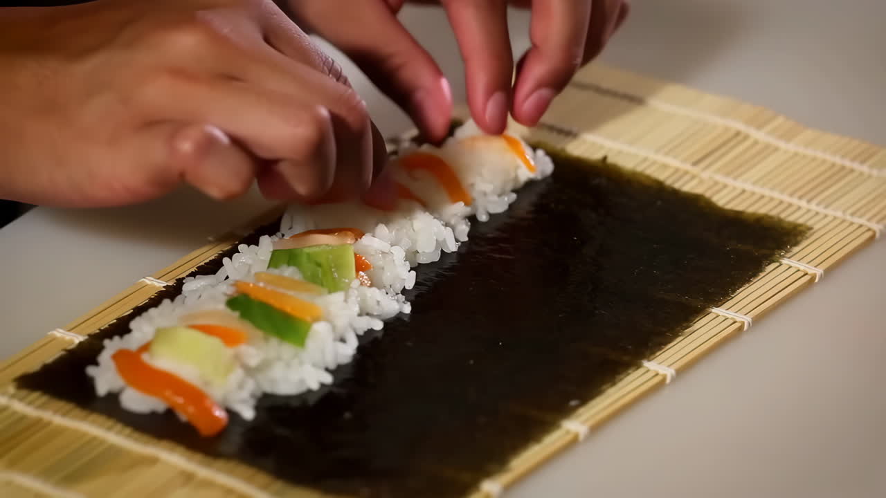 Hands making sushi rolls