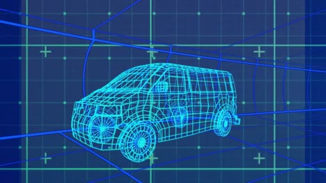 Animation-of-animation-of-data-processing-and-shapes-over-digital-car-drawing-grid-on-blue-backgroun