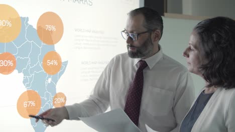 bearded boss discussing analytics data with businesswoman