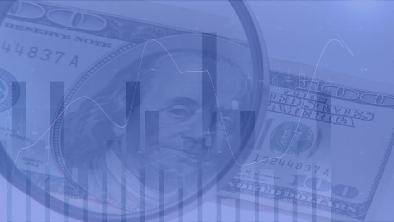 Animation of financial data processing over american dollar bills through magnifying glass
