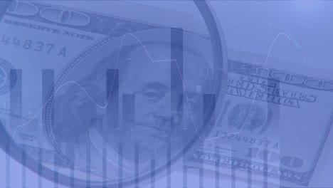 animación del procesamiento de datos financieros sobre billetes de dólares estadounidenses a través de una lupa