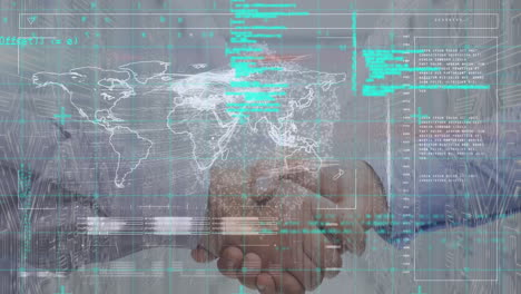 animación del mapa del mundo y procesamiento de datos sobre el apretón de mano del empresario