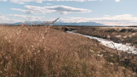 sunlight reflects off river running through icelandic prairie towards distant mountains