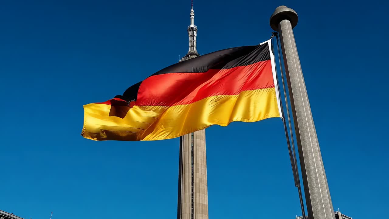 Bandiera tricolore tedesca che sventola rispondendo alle raffiche di vento su un tetto, che mostra una torre e un pennone