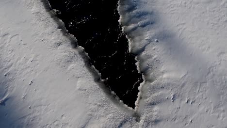 looking down at rushing water in opening in frozen river in winter