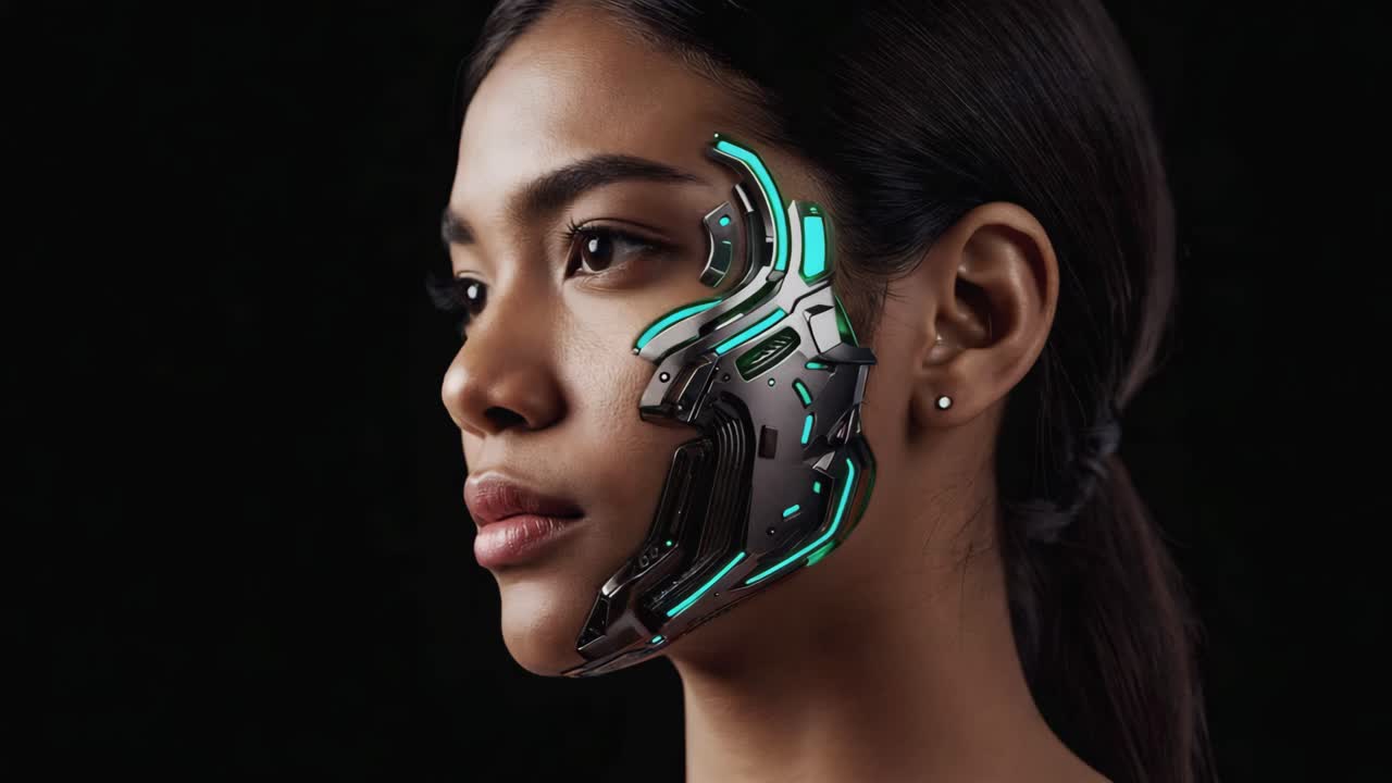 una mujer cyberpunk con una máscara de rostro brillante