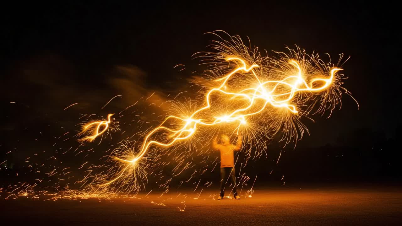 A Spectacular Display of Sparklers Lighting Up the Night Sky with Brilliant Fiery Trails and Dynamic Movement Captured in Mesmerizing Frames