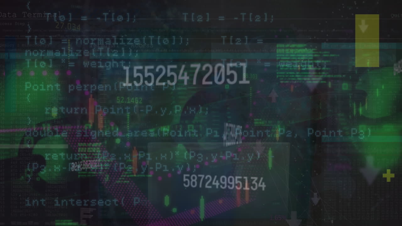 animación de números crecientes en lenguaje informático contra cadena en fondo abstracto.