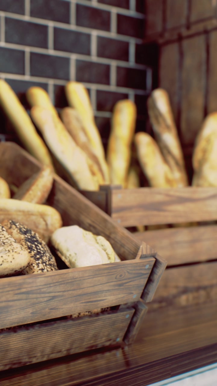 Fresh bread on display in wooden baskets at a bakery during the day