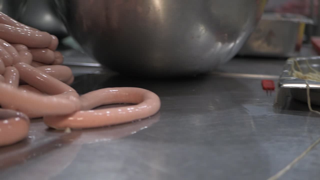 Sausages Meat Process Factory Production Handmade Smoked Boiled Wrap Mincemeat Spice