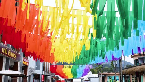 vibrant flags decorate a bustling street scene