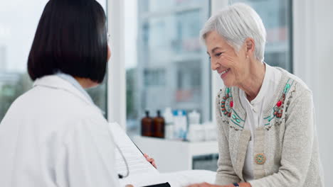 senior woman, doctor and happy for results