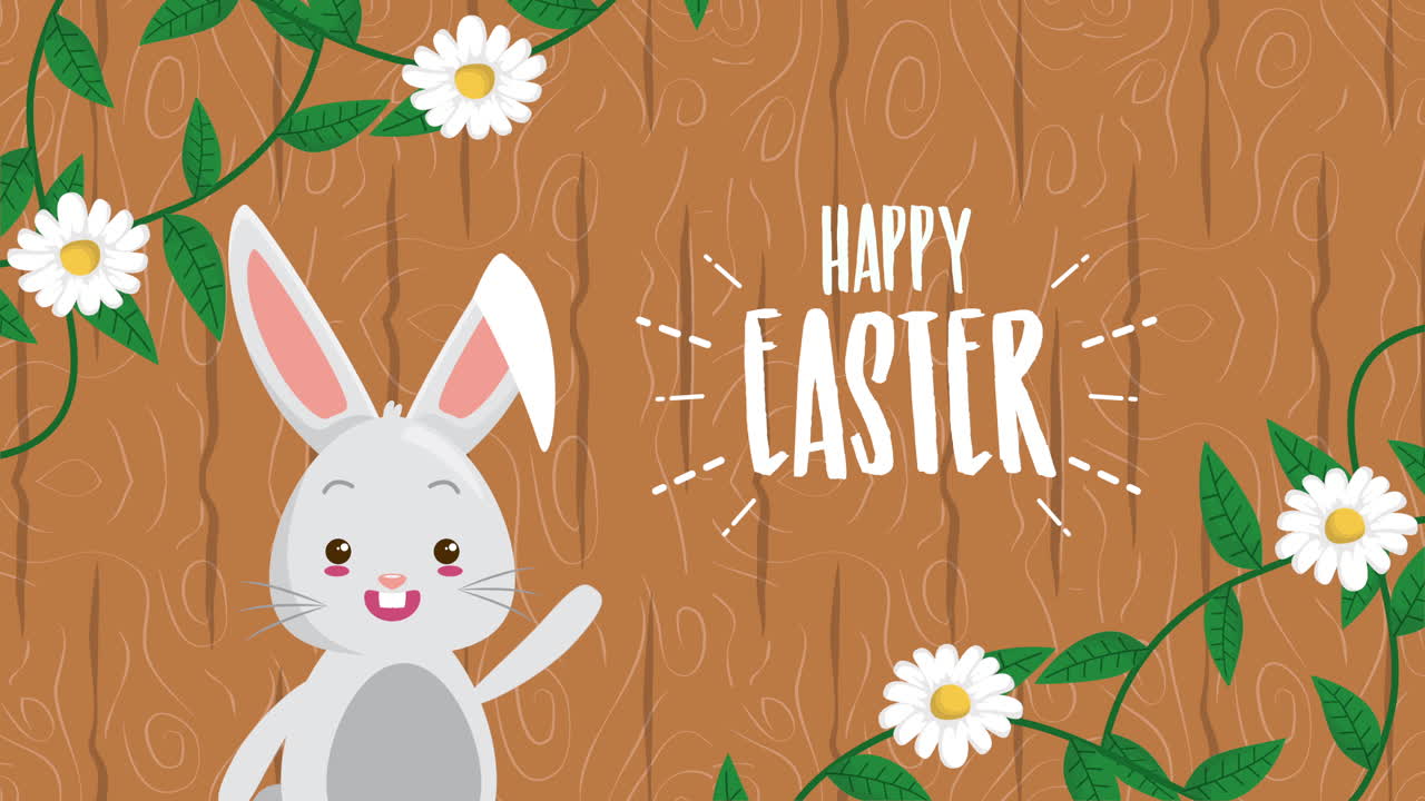 토끼와 꽃 장식과 함께 행복한 부활절 애니메이션 카드