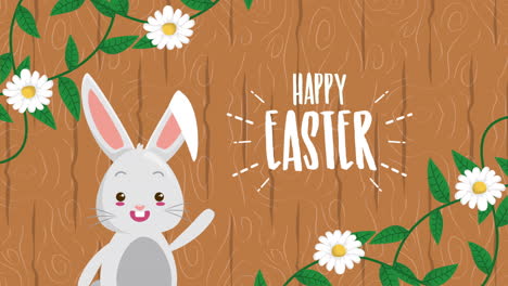 feliz tarjeta animada de pascua con conejo y decoración de flores