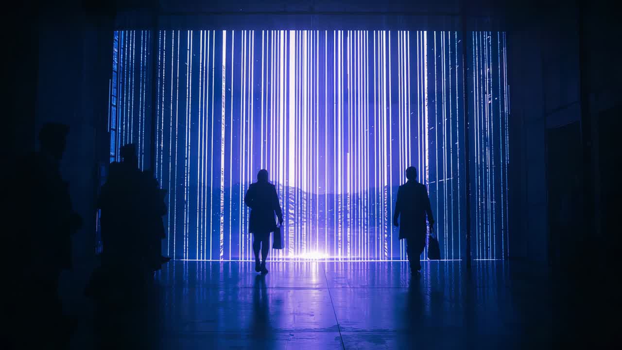 Drawing LED curtain, backlit commuters heading through concourse in long coats carrying briefcases