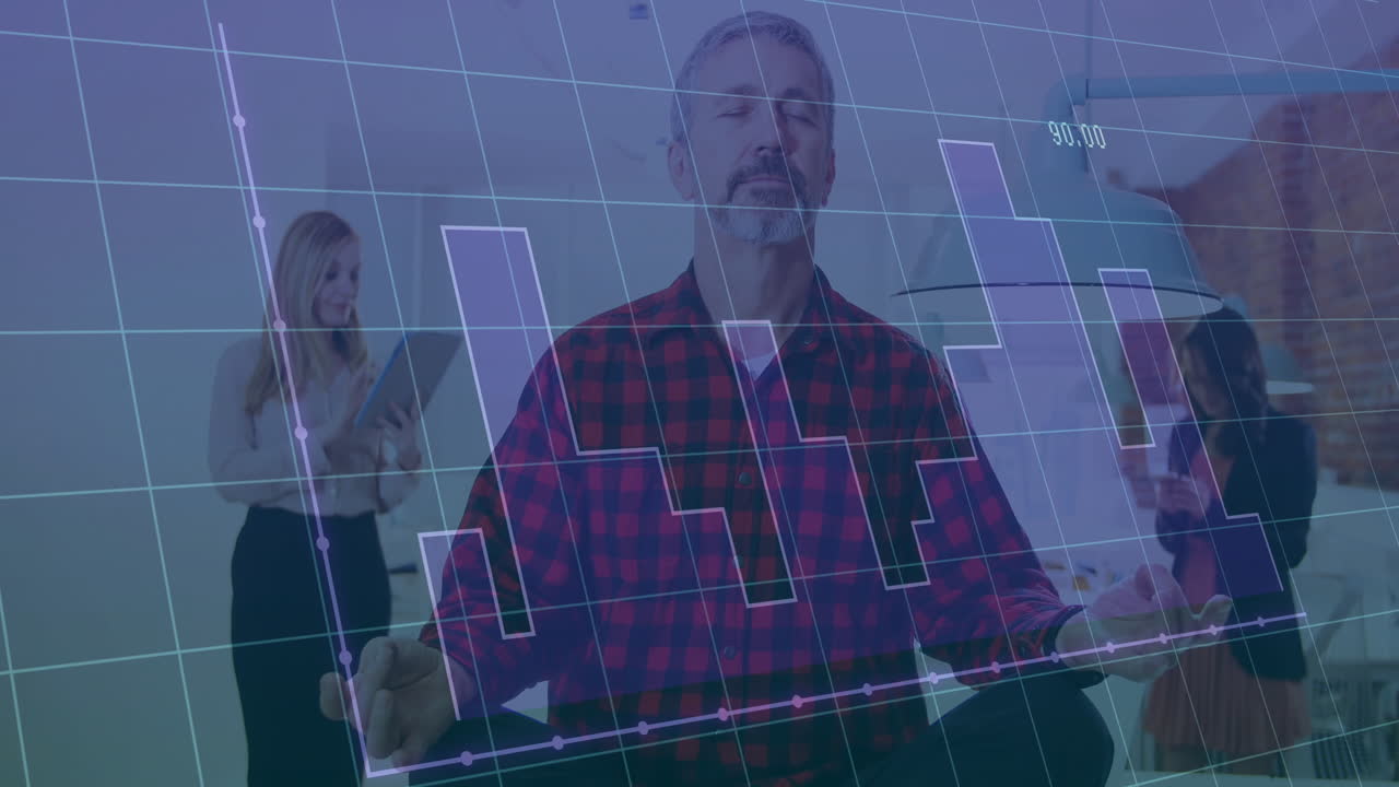 Meditating man with financial graph animation overlay in office environment
