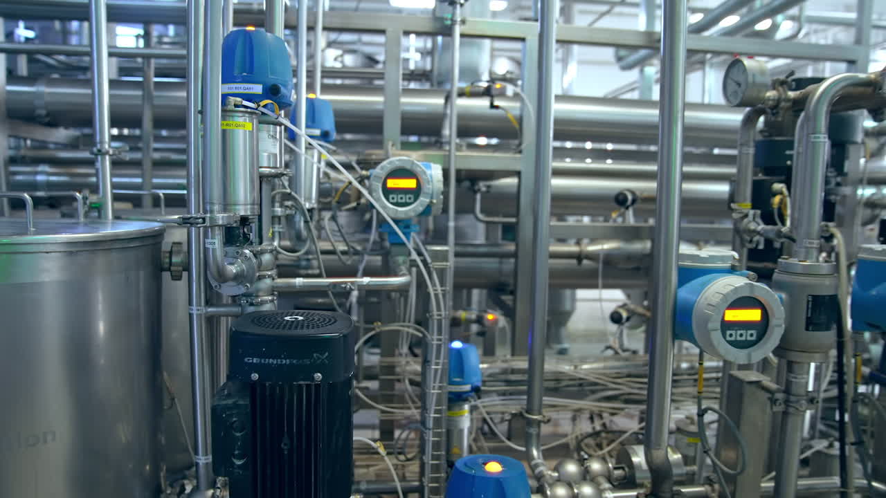 Pipelines and tanks with adjusted appliences and devices. Complicated automatic apparatus for producing dairy products. Close up with gradual distancing.