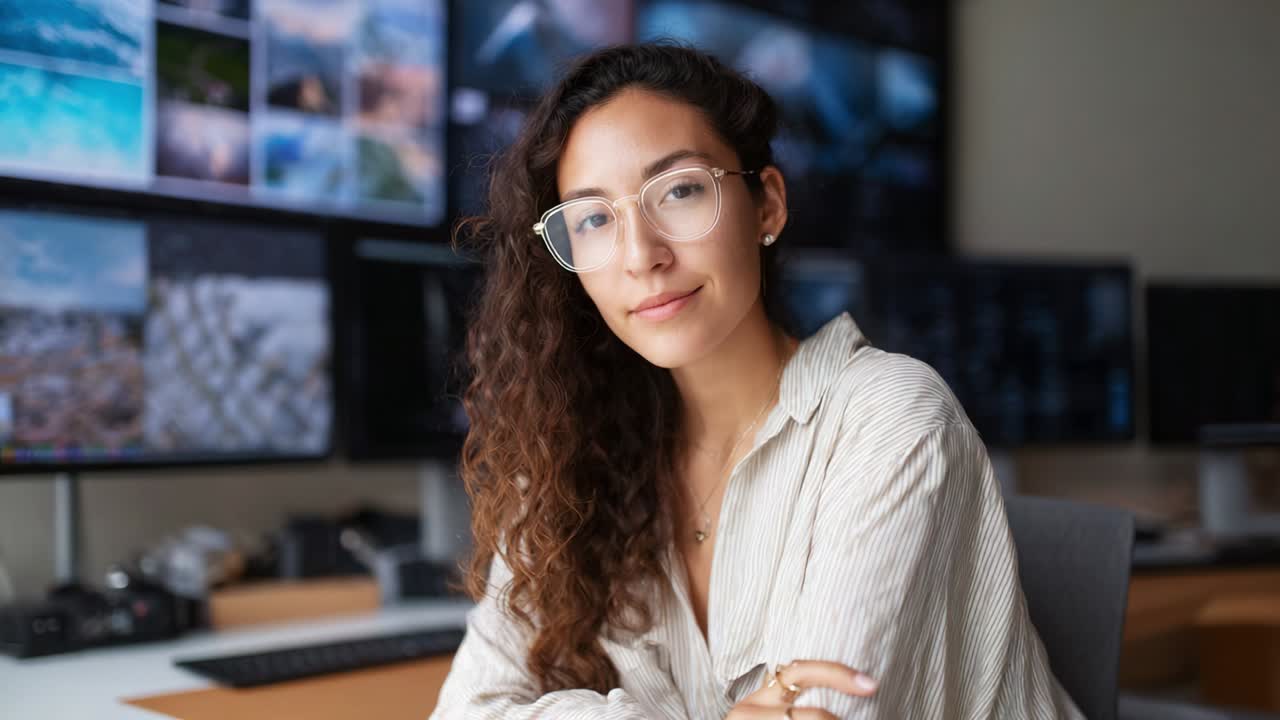 A thoughtful professional woman captured in two moments, showcasing her focus and calmness while surrounded by multiple high-resolution screens displaying stunning images, illustrating modern work environments