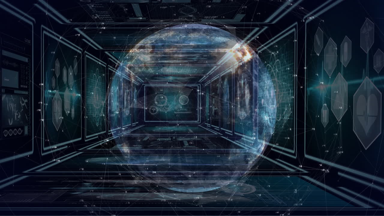 화면에서 데이터 처리를 통해 지구와 연결 네트워크의 애니메이션