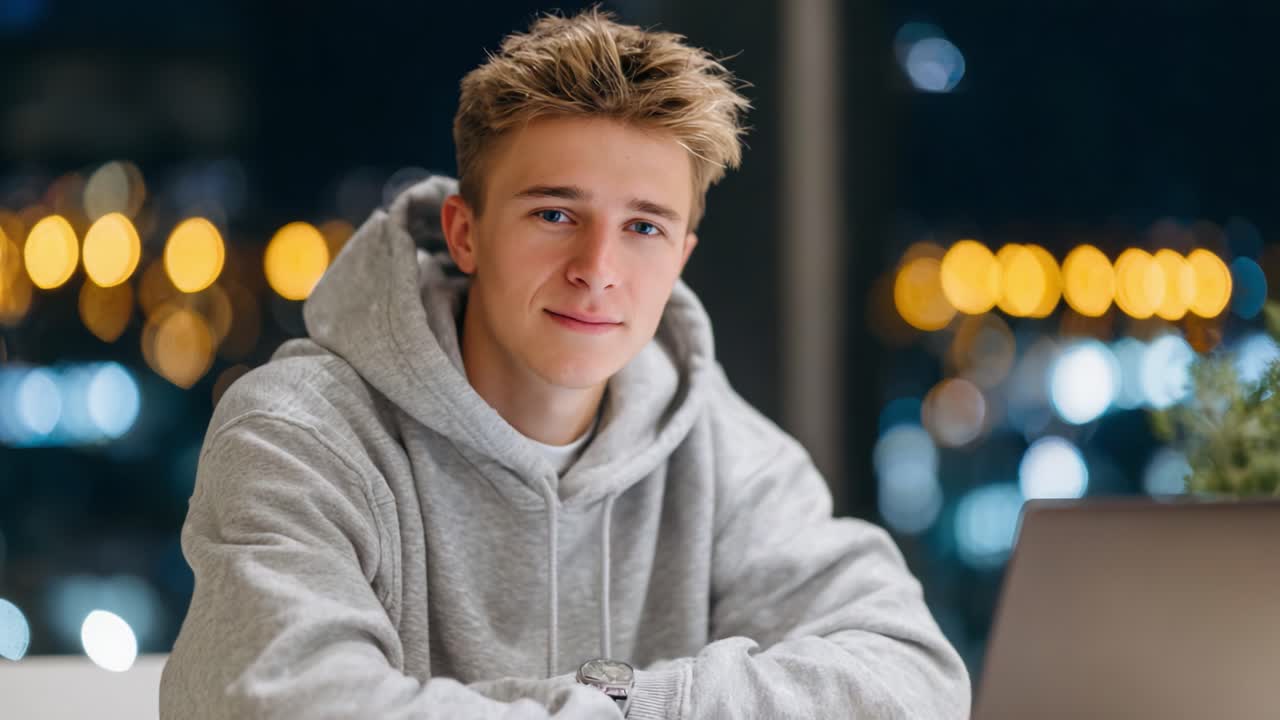 A Young Man in a Gray Hoodie Engaged in Thoughtful Reflection While Sitting at a Desk with a Laptop, Surrounded by Whimsical City Lights at Night