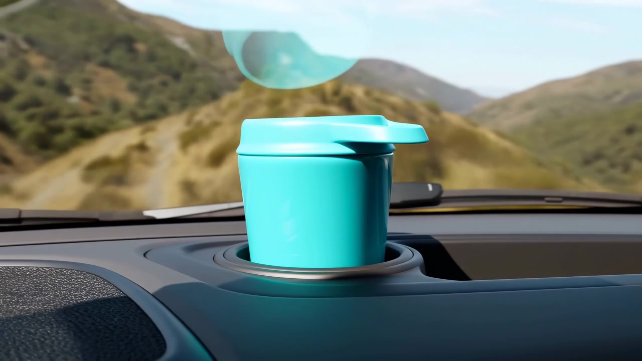 Una tazza termica turchese poggia sul cruscotto anteriore vicino al parabrezza, con una strada sfocata e un paesaggio collinare arido visibili all'esterno in piena luce diurna